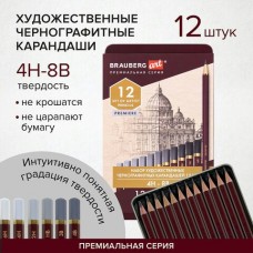 Карандаш ч/г набор дерево художественные 4H-8B, НАБОР 12 шт., В ПЕНАЛЕ, 