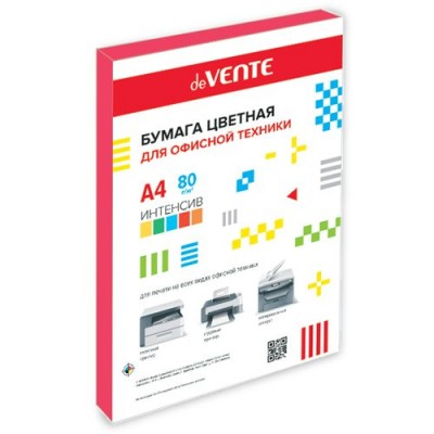 Бумага офисная для принтера цветная А4, 80г. красная, интенсив, 100л. deVente
