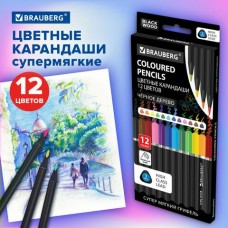 Карандаши 12цв. черное дерево BLACK WOOD, трехгранный корпус, грифель мягкий 3 мм, Brauberg
