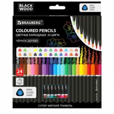 Карандаши 24цв. черное дерево BLACK WOOD, трехгранный корпус, грифель мягкий 3 мм, Brauberg