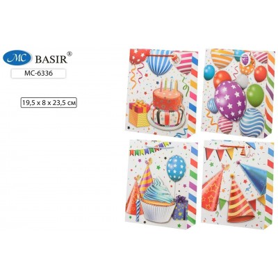 Пакет BASIR/Бумажный плотный с блестками 3D МИКС 19,5х23,5х8 см