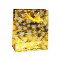 Пакет Бумажный голография желтый Снежинки  18х23х10 см