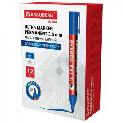 Маркер перманентный синий ULTRA MARKER, 3,5 мм, с клипом, Brauberg