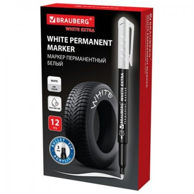 Маркер перманентный белый WHITE EXTRA, круглый наконечник 3 мм,(для любой гладкой поверхности) Brauberg
