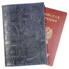 Обложка для паспорта нат.кожа синий, сплошное блинтовое тиснение по коже 