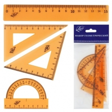 Линейка набор чертежный пластик МАЛЫЙ(линейка 15 см, 2 треуг, трансп) прозрачный, оранжевый, 4 предмета Луч