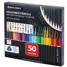 Карандаши 50цв. черное дерево BLACK WOOD, мягкий грифель 3 мм. Brauberg