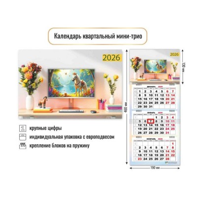 Календарь Квартальный мини офис 2026 г 190х460 мм