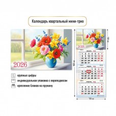 Календарь Квартальный мини цветы 2026 г 190х460 мм
