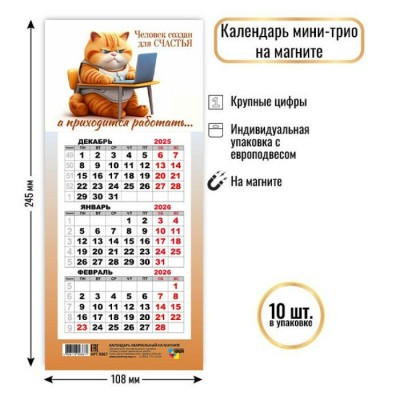 Календарь Квартальный мини на магните кот 2026 г 108х245 мм