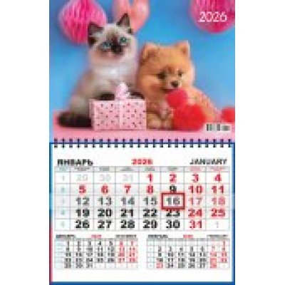Календарь Квартальный одноблочный Кот и пёс. Двое с подарочком 2026 г 290х460 мм