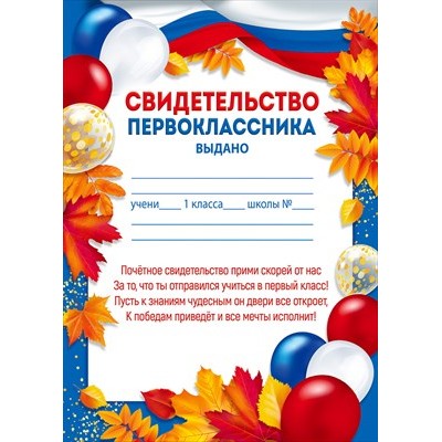 Свидетельство Первоклассника 148х210 мм
