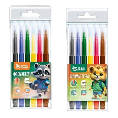 Фломастеры 6 цв круглые ЯРКИЕ ЗВЕРЯТА, классические, смываемые Schoolformat