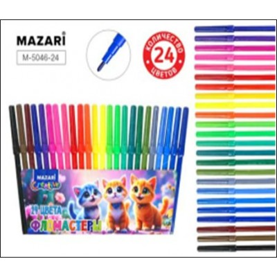 Фломастеры 24 цв. круглые КОТИКИ, вент.колп., ПВХ-упак. Mazari
