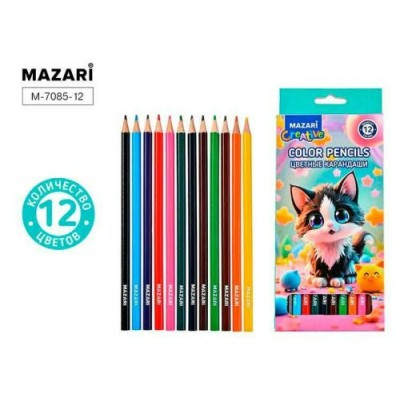 Карандаши 12цв. дерево КОТИК,, шестигранный корпус, d грифеля=2,65мм. Mazari