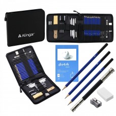 Для творчества Набор художественный 32 предм в пенале(ч/г,уг.каранд и брус,нож канц,ластик,наждач.блок,растирка,удлин для каранд,точил,скетчбук) ALINGAR
