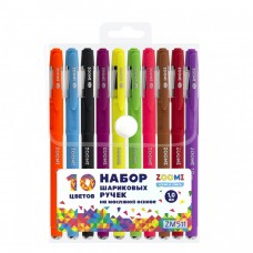 Ручка шариковая набор 10 цветов, Zoomi,  1.0 мм ,на масляной основе, круглый, цветной корпус покрытие soft touch, ПВХ чехол, европодвес ALINGAR