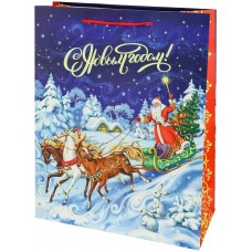 Пакет Бумажный плотный с блестками  31x40x12 см (XL) Тройка коней НГ