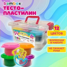 Тесто   -пластилин для лепки СУПЕРПЛАСТИЧНОЕ, 12 цветов, 600 г,в пластиковом контейнере, формочки BAMBOX