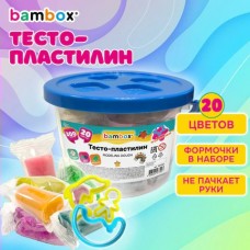 Тесто   -пластилин для лепки СУПЕРПЛАСТИЧНОЕ, 20 цветов 300 г, в пластиковом ведерке, формочки, BAMBOX
