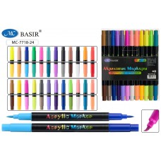 Маркер акриловый набор 24цвета двухсторонние, с мягкой кистью,на водной основе, толщина линии/мазка 1-5 mm, для любых поверхностей BASIR
