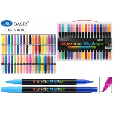 Маркер акриловый набор 36 цветов двухсторонние , с мягкой кистью,на водной основе, толщина линии/мазка 1-5 mm, для любых поверхностей BASIR