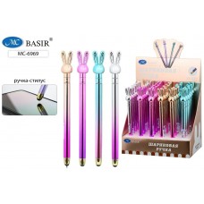 Ручка шариковая синяя с поворотным механизмом+стилус,ЗАЙЧИК,цветной-металлик корпус ,ассорти BASIR