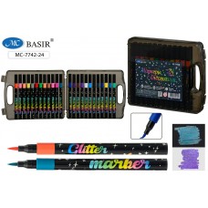Маркер набор 24цвета с блёстками, с мягкой кистью, на водной основе, толщина линии/мазка 1-5 mm, для любых поверхностей; круглый чёрный  корпус с рисунком, вент.колпачо BASIR