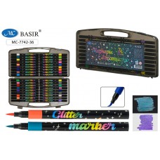 Маркер набор 36 цветов  с блёстками, с мягкой кистью, на водной основе, толщина линии/мазка 1-5 mm, для любых поверхностей; круглый чёрный  корпус с рисунком, вентилируемый колпачок, BASIR