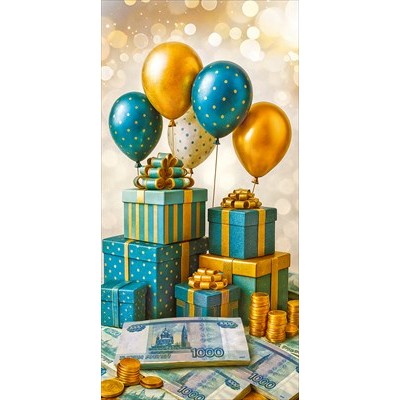 Конверт для денег  без надписи (шары, подарки, 1000 рублей) 84х165 мм
