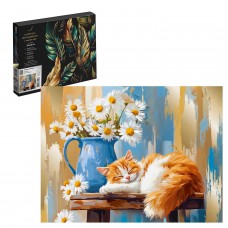 Для творчества Картина по номерам  с поталью, НАТЮРМОРТ С КОШКОЙ, 30х40 см, 18 цветов с акриловыми красками и кистями, поталь: шампань, картонная коробка с ручкой Феникс
