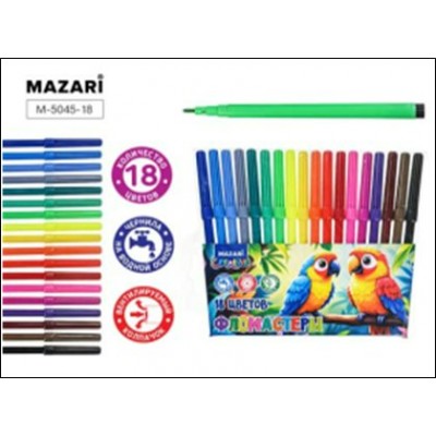 Фломастеры 18 цв. круглые ПОПУГАИ, вентилируемый колпачок, Mazari