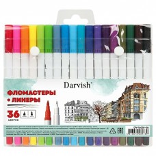 Фломастеры 36 цв. с кисточкой + линеры, 2в1,на водной основе Darvish
