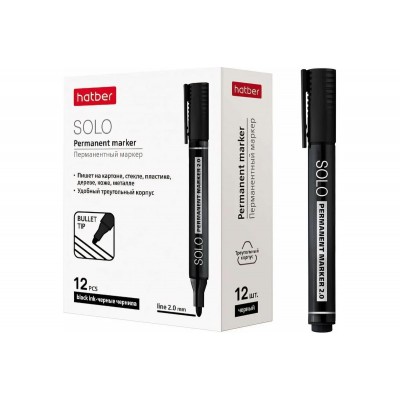 Маркер перманентный черный Solo, 2мм, пулевидный, трехгранный корпус Hatber