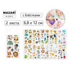 Для творчества Тату  стикеры, 2 листа, ЖИВОТНЫЕ, 6.8x12 см, с блёстками, ОПП-упаковка Mazari
