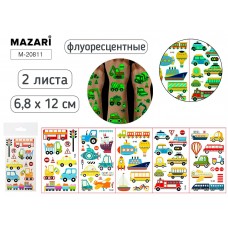 Для творчества Тату  -стикеры, 2 листа, ТРАНСПОРТ, 6.8x12 см, светящиеся в темноте, ОПП-упаковка Mazari