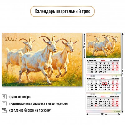 Календарь  квартальный символ года 2027 г 300х690 мм