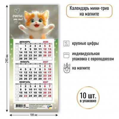 Календарь Квартальный мини на магните кот  2027 г 108х245 мм