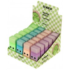 Точилка пластиковая 1 отверстие KIDS SQUARE BLOCK, с контейнером и ластиком, ассорти, LOREХ