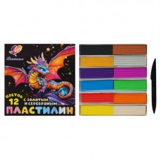 Пластилин 12цв. восковый Фантази, 230г + золотой + серебряный, стека Луч