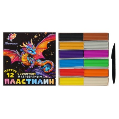 Пластилин 12цв. восковый Фантази, 230г + золотой + серебряный, стека Луч
