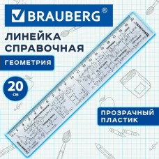 Линейка 20см пластик справочная, геометрия, Brauberg