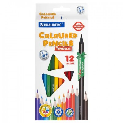 Карандаши 12цв. пластик PREMIUM + 1 чернографитный карандаш,трехгранный,грифель 3 мм, Brauberg
