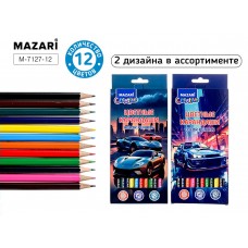 Карандаши 12цв. дерево МАШИНКИ,  шестигранный корпус, d грифеля=2,8 мм.,2 дазайна Mazari