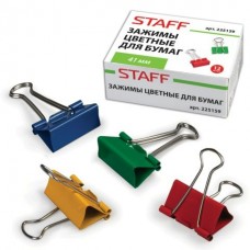Зажим для бумаг 41 мм КОМПЛЕКТ 12шт., на 200л., цветные, в карт.коробке, Staff
