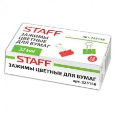 Зажим для бумаг 32 мм КОМПЛЕКТ 12шт., на 140л., цветные, в карт.коробке, Staff