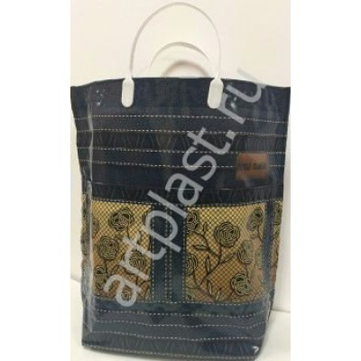 Пакет Многослойный с карманом  Джинс с цветами 37х37х10 см (50) с пластм.ручк