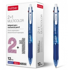 Ручка шариковая многоцветная авт. 0.7мм, синяя+красная+карандаш/игольч.пишущ.узел с резиновым грипом Hatber