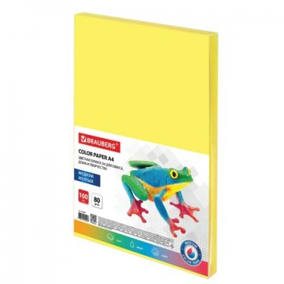 Бумага офисная для принтера цветная А4, 80 г/м2, 100 л., медиум, желтая Brauberg