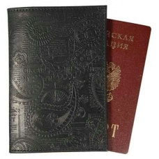 Обложка для паспорта нат.кожа черный, сплошное тиснение по коже 
